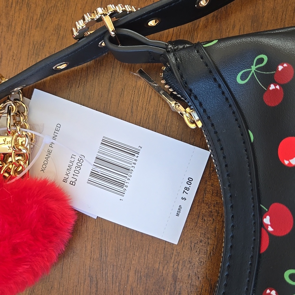 Betsey Johnson BLACK Cherry Bow Bag & Plush Bag Charm Hearts Locket NEW NWT - Picture 4 of 8